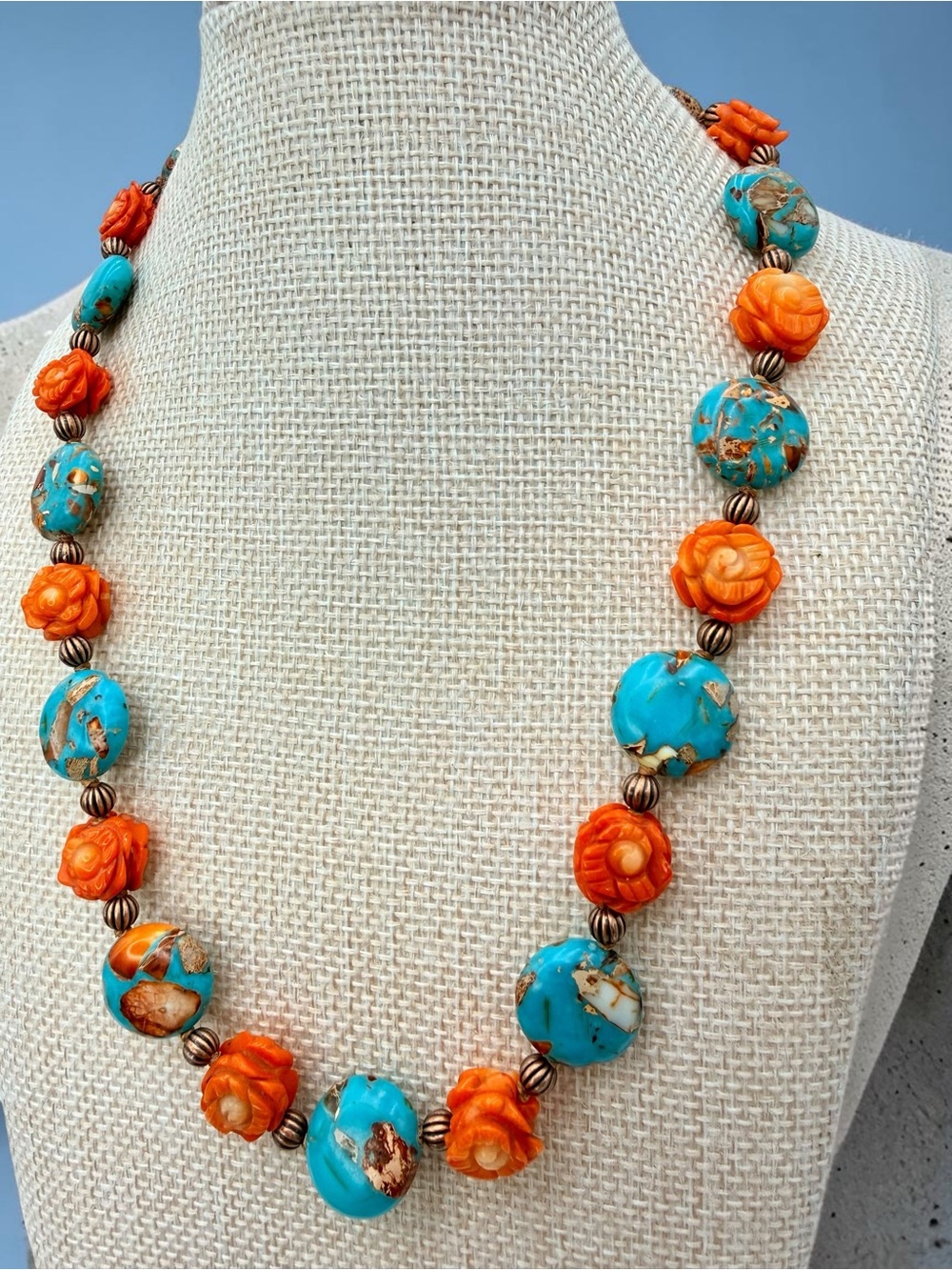Artisan Hand Knotted Emperor Jasper Carved Coral floral bead Copper Necklace 18” - Picture 9 of 17